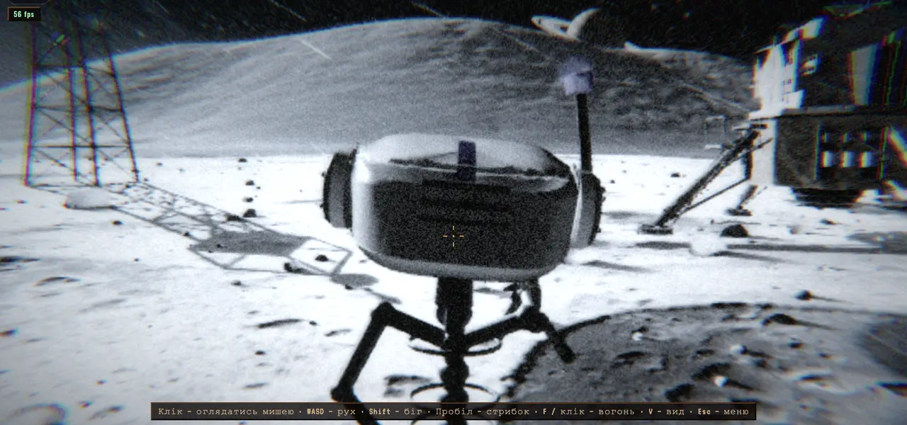 In-game view through the robot's transmitter camera: the lunar module, a flag and the regolith